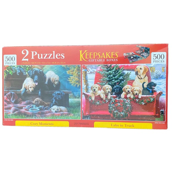 Set of 2 Keepsakes Giftable Boxes 500 Pc. each Jigsaw Puzzles New Puppy Holidays - Picture 2 of 5
